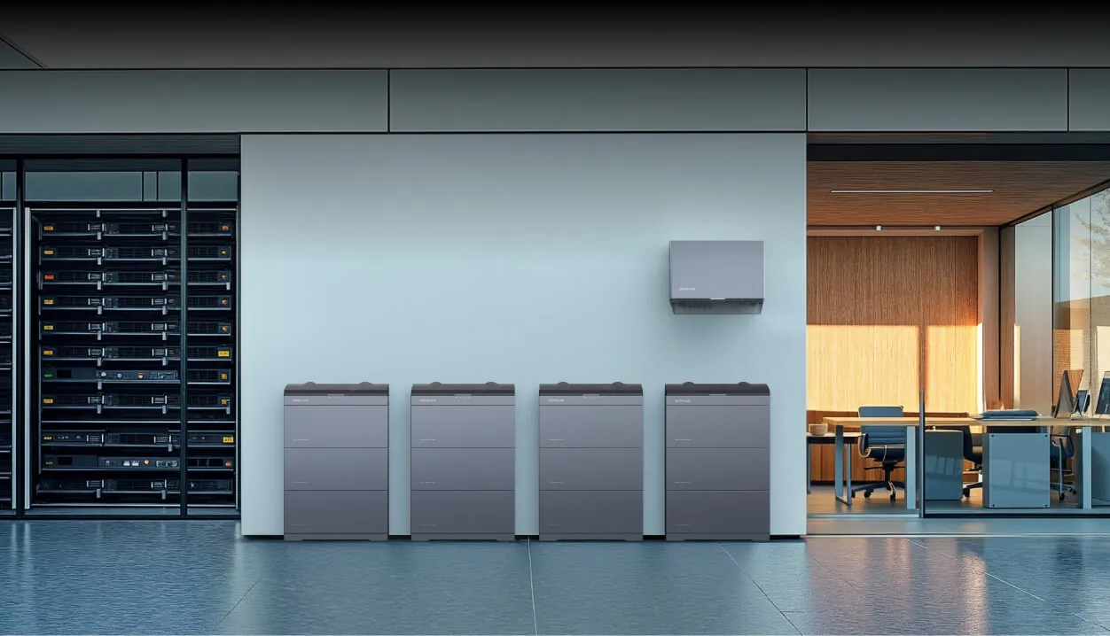Sistema PowerOcean Plus instalado em escritório ao lado de uma sala de servidores
