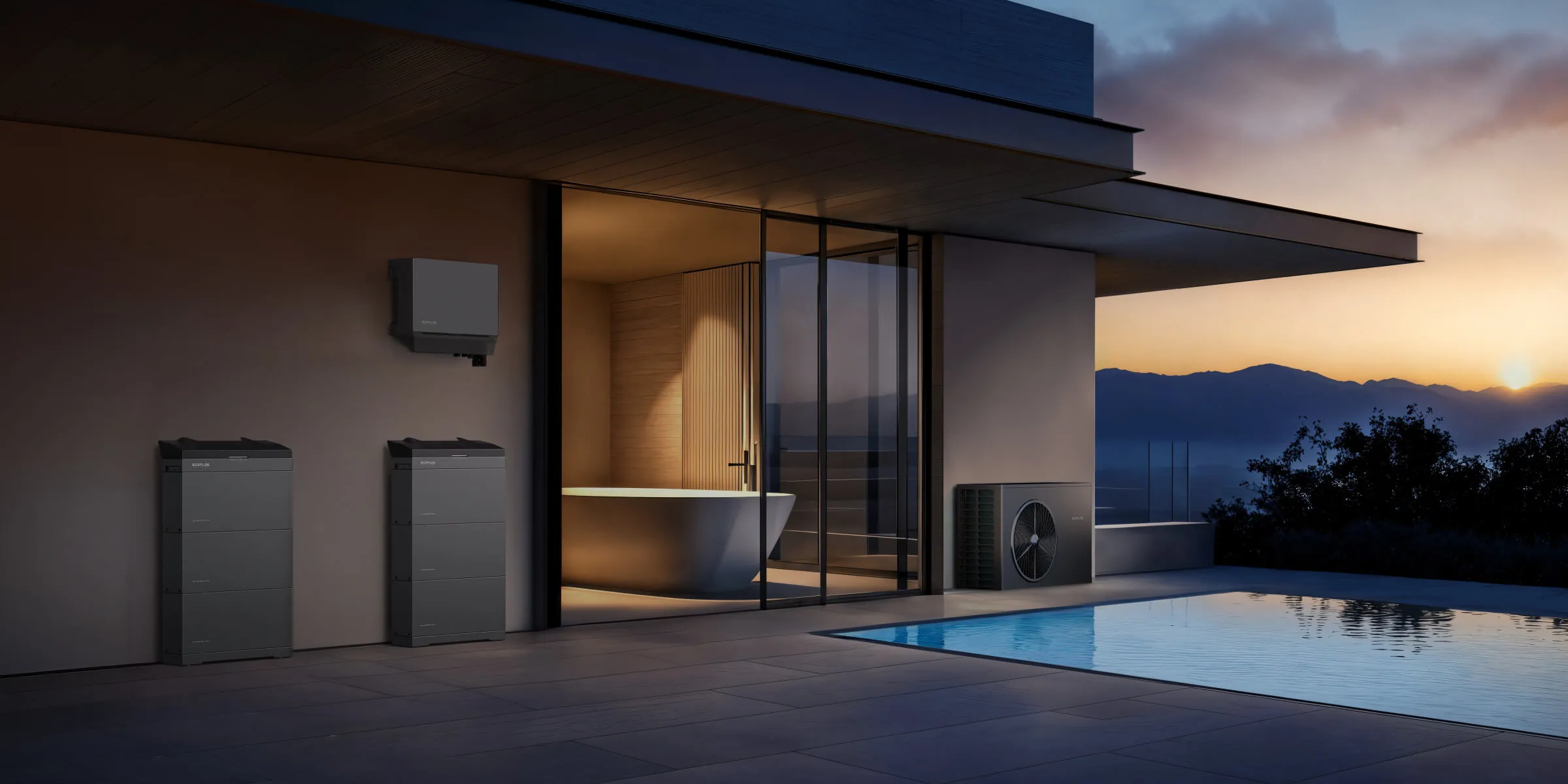 Casa com piscina ao anoitecer, inversor e baterias PowerOcean Plus instalados na parede externa
